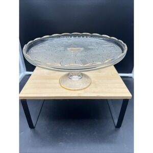 1950s Jeanette Glass/Pedastal Harp/Lyre Design Cake Stand Gold Trim Mid-Century